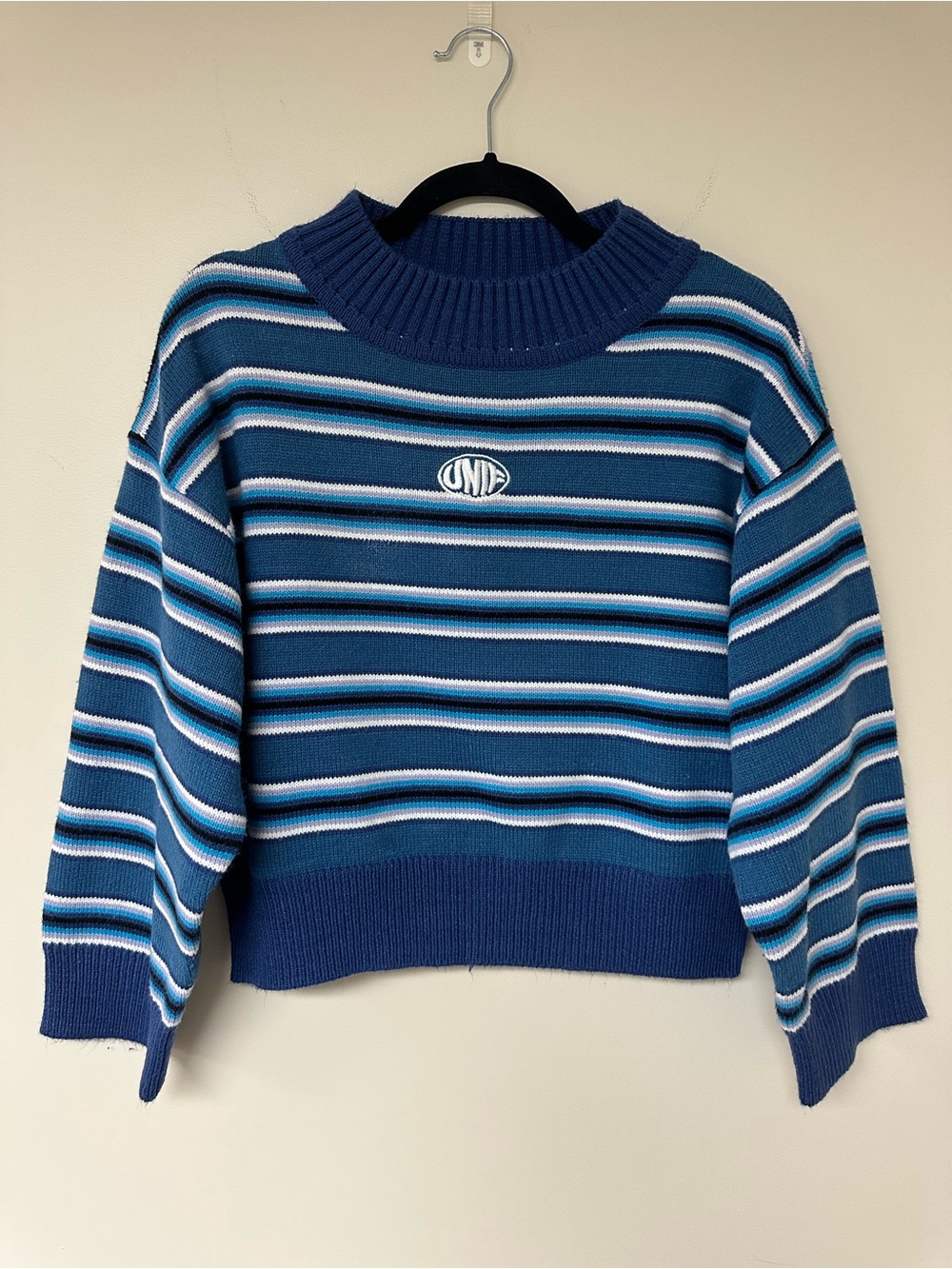 UNIF “Clarissa” Blue Striped Cropped Crewneck Sweater